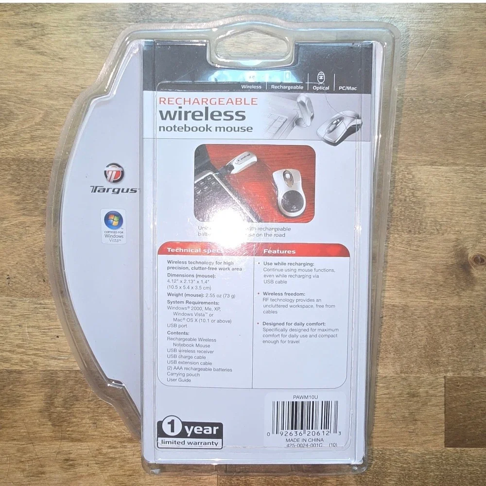 Targus PAWM10U Rechargeable Wireless Notebook Mouse Silver Optical PC Mac NIB
